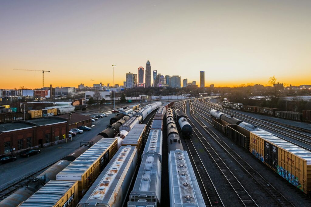 view of the railway station and skyscrapers in downtown charlotte north carolina usa