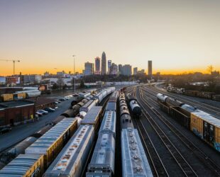 view of the railway station and skyscrapers in downtown charlotte north carolina usa